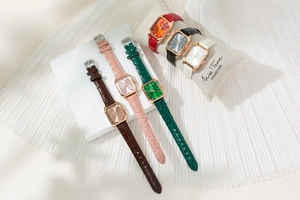 Detail view of retro square quartz watches with crocodile pattern leather straps in six colors