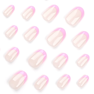 24pcs short squoval press-on nails with bright rose red French tips and pink base