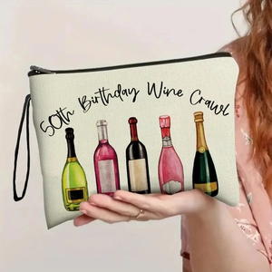 Canvas makeup bag with 50th Birthday Wine Crawl print and colorful wine bottles