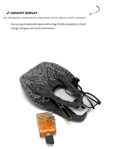 Detailed top view of a black rhinestone evening bag showcasing large capacity storage space