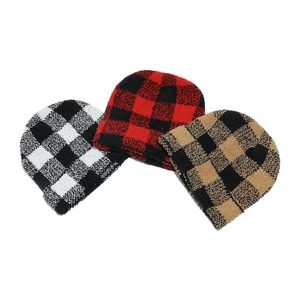 Classic checkered knit beanies in black, red, and khaki plaid patterns with plush texture
