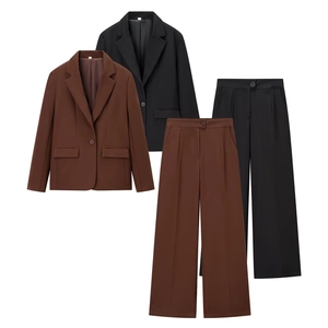 Blazer Y Pantalones De Mujer Poliéster Con Botonadura Sencilla Oficina Profesional Talle Alto Pernera Ancha Otoño Elegante