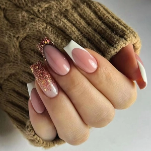 Ongles À Coller Longue Forme Ballerine Dégradé Rose Nude Paillettes Dorées Pointe Française Faux Ongles Artificiels Pour Femmes