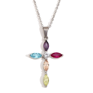 18K gold plated stainless steel cross necklace featuring vibrant multi-color gemstones