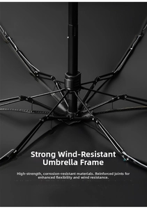 Close-up of a reinforced black six-fold umbrella frame with windproof alloy structure