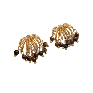 Golden tassel earrings with tiger eye beads and zircon fireworks design for women