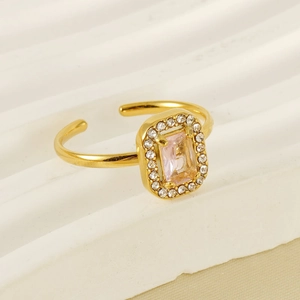 18K gold-plated adjustable open ring featuring a pink square zircon and crystal halo