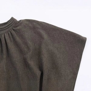 Fashionable dark grey mini dress with gathered crew neck and seamless shoulder details