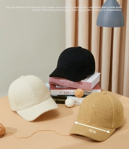 Detail of knitted baseball cap with a 19cm wide brim for a face-slimming effect