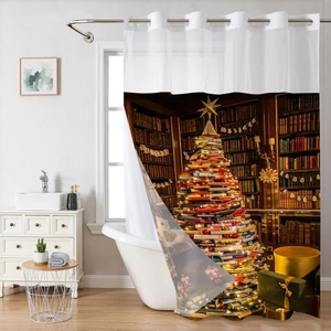 Double-layer hookless shower curtain featuring a library book stack Christmas tree print
