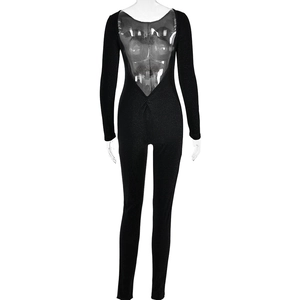 Detailed back view of a black long-sleeve jumpsuit featuring a stylish V-shaped cutout design
