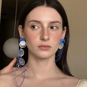 French style blue shell tassel earrings in Klein blue for a bold bohemian statement