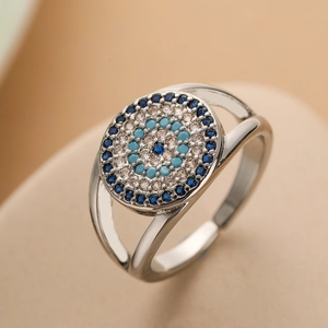 Zircon evil eye geometric open ring in silver finish with blue crystal accents