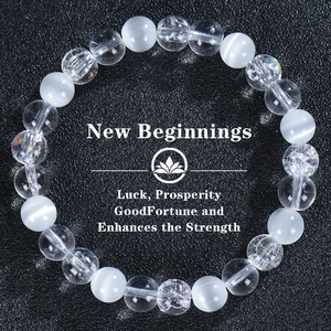 Detail of beaded bracelet with milky opal and clear crystal on a textured black background