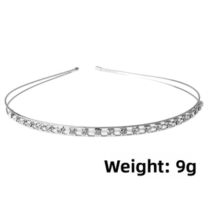 Detail shot of slim silver alloy headband with square rhinestones weighing 9g
