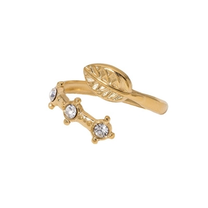 Adjustable 18K gold plated leaf ring for women with three round sparkling crystals
