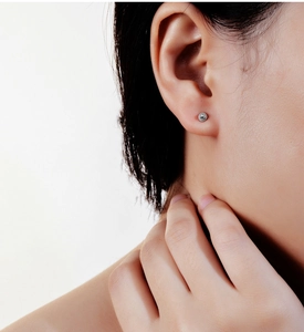 Close-up of a minimalist S925 sterling silver screw back stud earring on a human ear