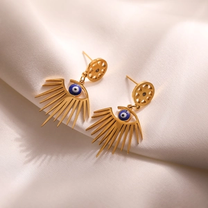 Irregular geometric devil's eye stud earrings in gold with blue eye detail for women