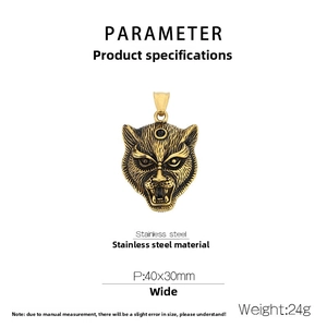 Detailed specifications of 40x30mm stainless steel leopard head pendant weighing 24g