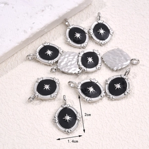 Vintage oval alloy star pendants with silver frame and black enamel, size 2cm x 1.4cm