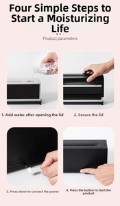 Step-by-step operation guide for a black flame humidifier with side buttons and DC power
