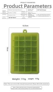 Detailed spec sheet for a green 24-cavity food-grade silicone ice cube tray with dimensions