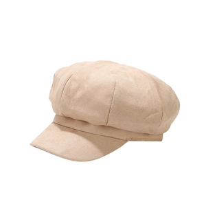 British style khaki suede octagonal cap with rounded top and flat brim for women