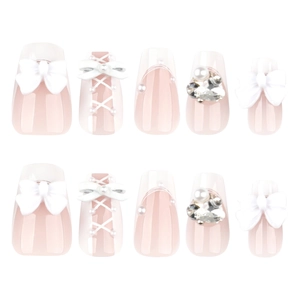White 3D bow and pearl short square press-on nails with ribbon and rhinestone detail