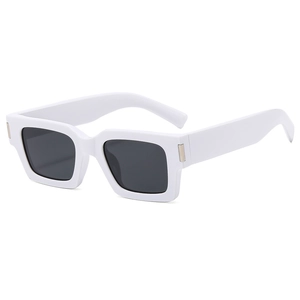 Modern white thick frame rectangular sunglasses with dark lenses and silver metal hinges
