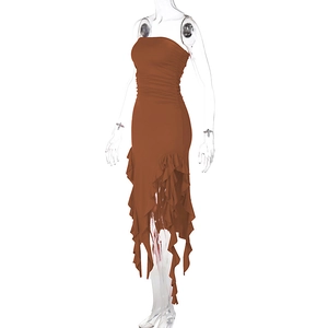 Detail of ruched caramel tube dress featuring irregular layered ruffle hemline
