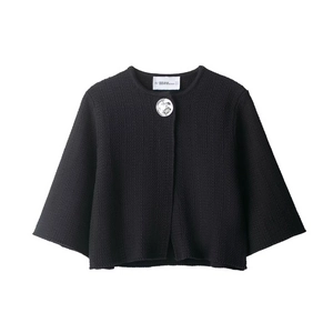 Women Solid Black Knitted Cardigan Short Jacket Round Neck Cape Sleeve Silver Embossed Button Chic Outerwear