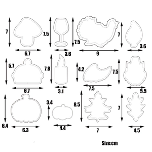 Detailed size chart for 12 Thanksgiving stainless steel cookie cutters in centimeters