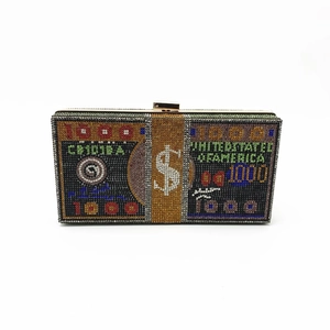 Macro detail of luxury dollar pattern evening clutch bag with sparkling crystals