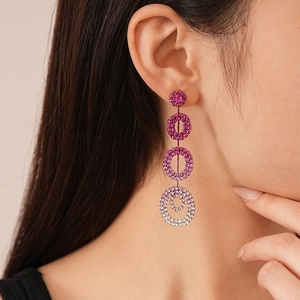 Pink gradient crystal geometric drop earrings with rose gold tiered circles