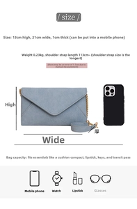 Size guide for blue envelope chain bag showing 21x13cm dimensions and capacity