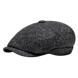 Classic dark grey herringbone newsboy cap made of thick tweed wool for winter