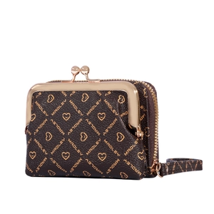 Brown litchi leather wallet with MADLEY monogram print and gold kiss-lock closure