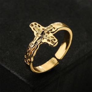 Cross Ring Copper 18K Gold Plated Adjustable Open Crucifix Religious Gothic Jewelry For Men Women