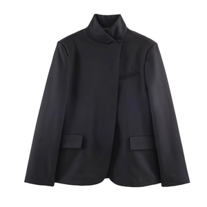 Women's black high-collar blazer with asymmetrical front closure and flap pockets
