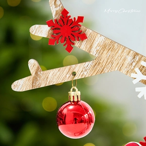 Nordic wooden Christmas tree ornament with red felt snowflake and shiny bell detail