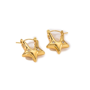 Macro view of gold-plated stainless steel star hoop earrings with sparkling zircon