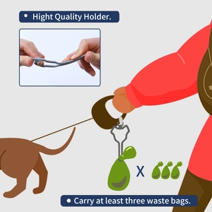 Hands-free flexible dog waste bag holder clip showing durability and large capacity.