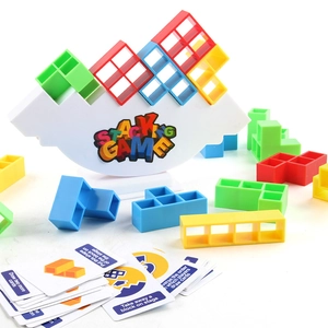 Tetris stacking game with colorful blocks, white base and challenge cards for kids