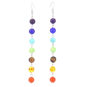 Detailed close-up of handmade chakra tassel earrings with seven colorful natural stone beads