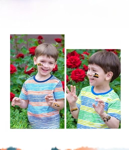 Kids wearing yellow excavator temporary tattoos outdoors with bright vehicle patterns