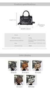 Size guide for the leopard print crossbody bag showing dimensions 20x13x7.5cm and colors