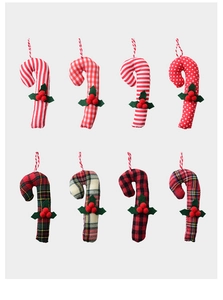 Detail of 8 festive red and white fabric candy cane ornaments with berry accents