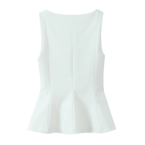 White sleeveless peplum top with slimming fit and ruffled hem on white background