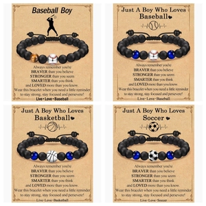 Men Beaded Bracelet Tiger Eye Glass Matte Stone Sports Baseball Basketball Soccer Charm Adjustable Inspirational Gift For Son