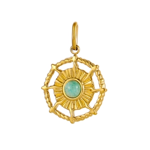 Golden round sunburst pendant with green gemstone and woven stainless steel edge